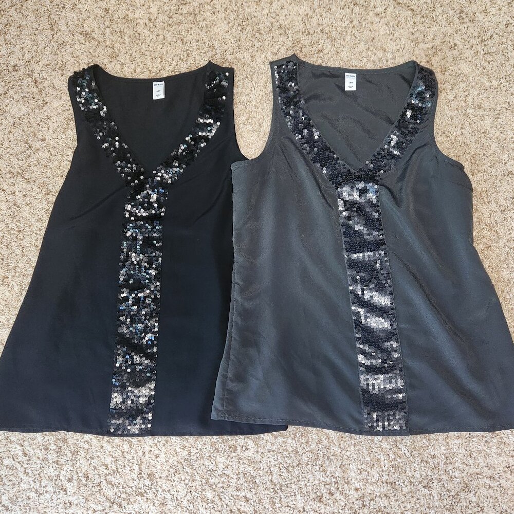 2- V neck sequence sleeveless dress tops size small old navy black & dark gray